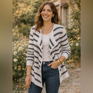 Talbots Stripe Open Cardigan Size Large Cream Black Cotton Sweater Jacket